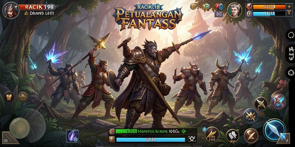 Tangkapan layar permainan RACIK198 menunjukkan pertarungan epik di dunia fantasi.