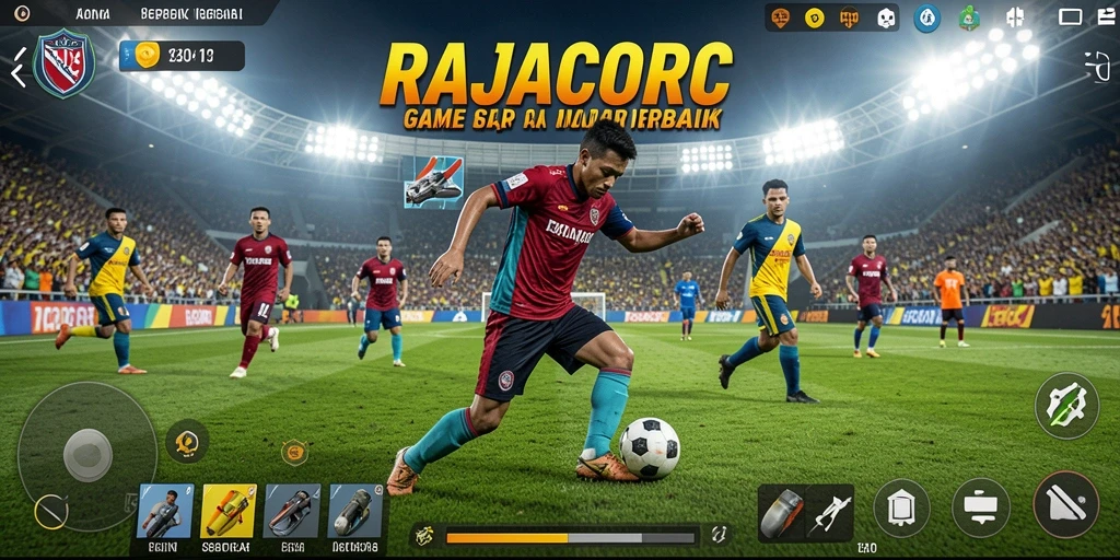 Tampilan gameplay RAJACORC dengan aksi pertandingan sepak bola yang mendebarkan.