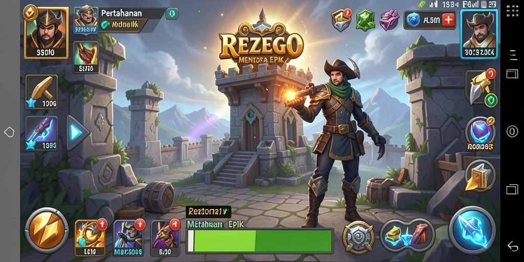 Screenshot gameplay REZEGO menampilkan aksi pertahanan menara yang mendebarkan.